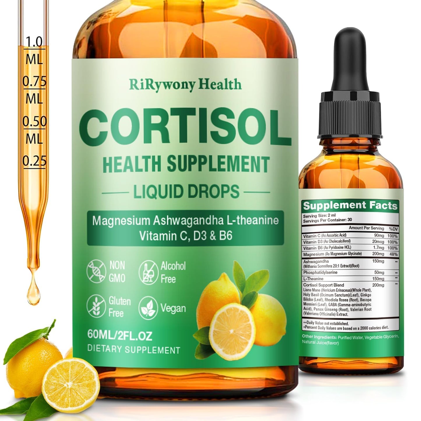 Cortisol Detox Supplement for Women & Men - Magnesium Glycinate, Ashwagandha, L-Theanine, Phosphatidylserine | 2 oz Lemon Drops