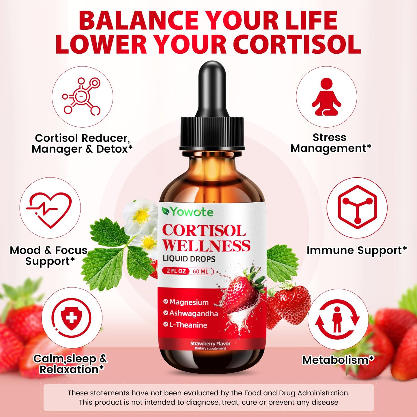 Cortisol Support Drops for Men & Women – Stress Hormone Balance, Magnesium & Ashwagandha (60ml, Strawberry)