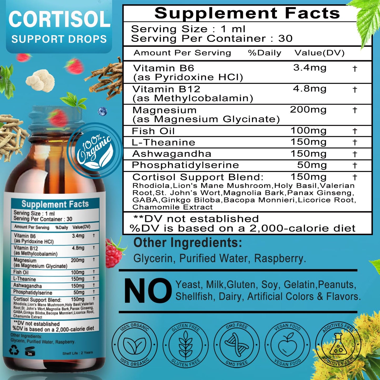 Cortisol Supplement for Women - 19-in-1 Liquid Drops with Ashwagandha, Magnesium, L-Theanine, Phosphatidylserine - High Absorption & Hormone Balance (Non-GMO)
