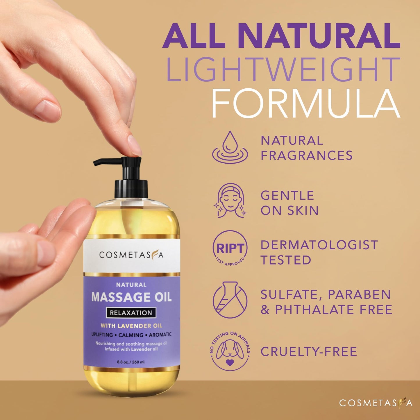 Cosmetasa Lavender Massage Oil with Hot Stones – Spa-Quality, Natural & Cruelty-Free (8.8 oz)