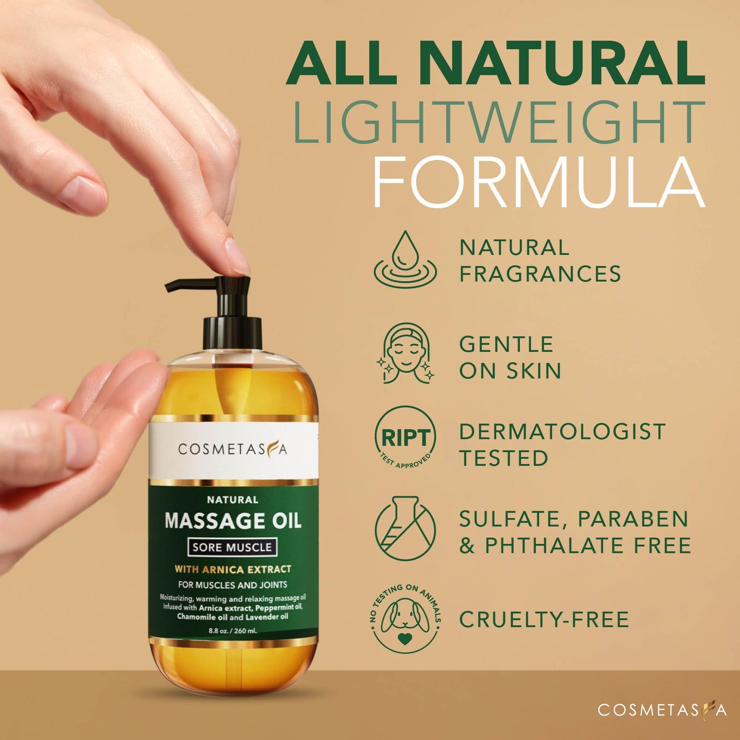 Cosmetasa Sore Muscle Massage Oil with Roller – All-Natural, Cruelty-Free (8.8 oz) Arnica, Lavender & Chamomile