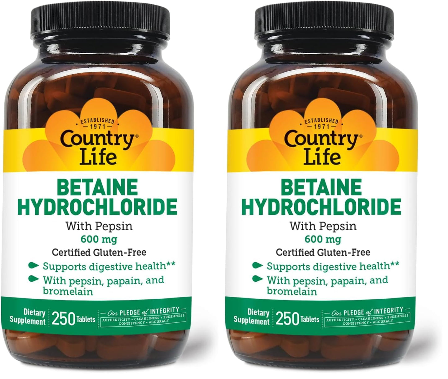 Country Life Betaine HCl with Pepsin 600 mg - 250 Tablets (Pack of 2)