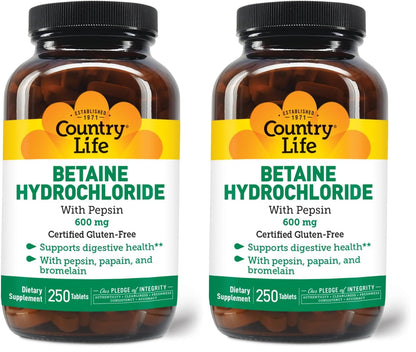 Country Life Betaine HCl with Pepsin 600 mg - 250 Tablets (Pack of 2)