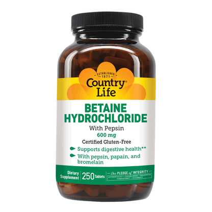 Country Life Betaine HCl with Pepsin 600 mg - 250 Tablets (Pack of 2)