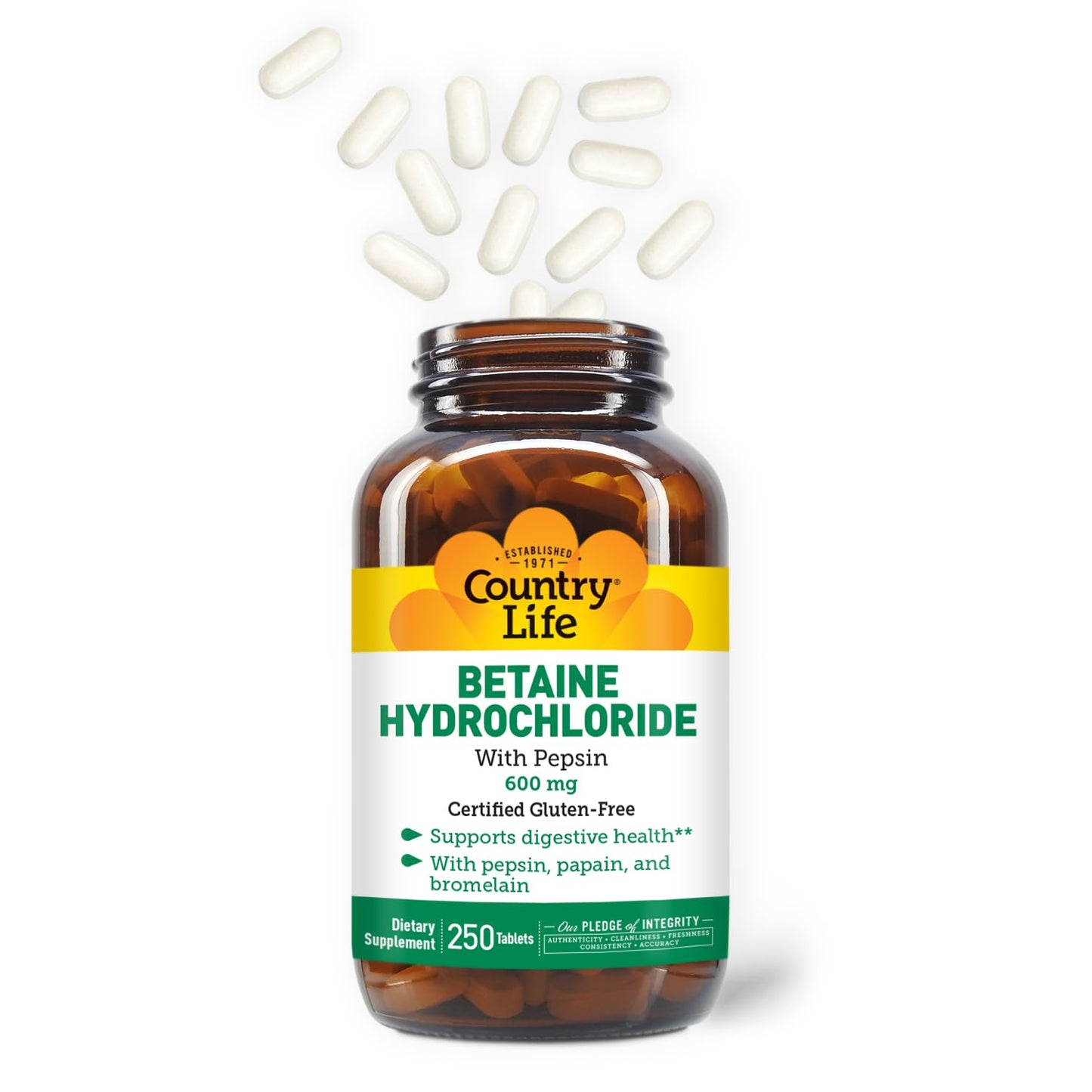 Country Life Betaine HCl with Pepsin 600 mg - 250 Tablets (Pack of 2)