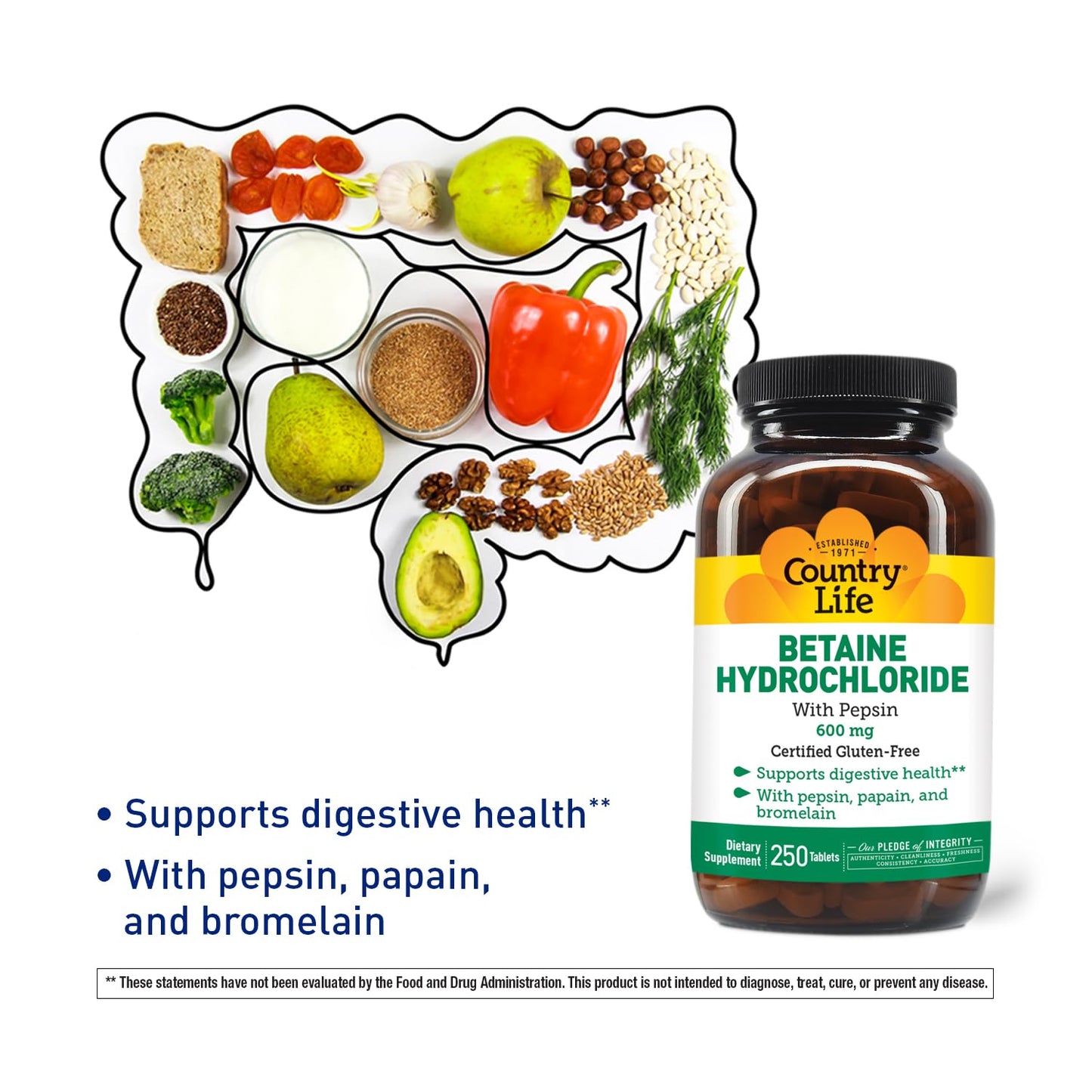 Country Life Betaine HCl with Pepsin 600 mg - 250 Tablets (Pack of 2)