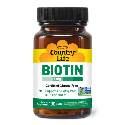 Country Life Biotin 1mg – Hair, Skin & Nails (100 Tablets) – GF, Vegan, Halal, Non-GMO