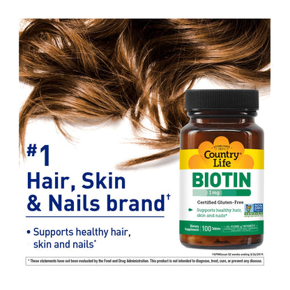 Country Life Biotin 1mg – Hair, Skin & Nails (100 Tablets) – GF, Vegan, Halal, Non-GMO