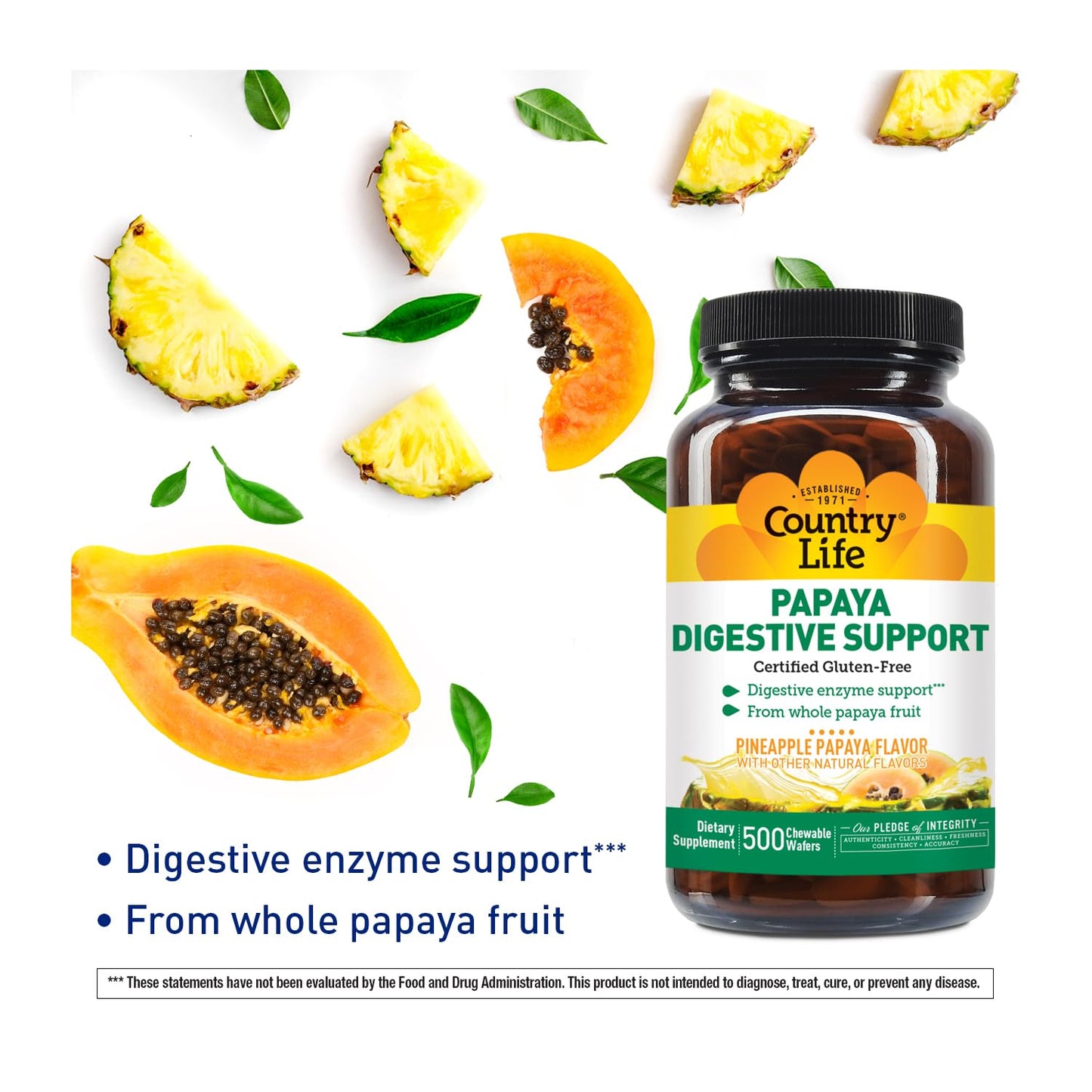 Country Life Chewable Papaya Enzymes for Digestion – Pineapple & Papaya Flavor | 200 & 500 Wafers