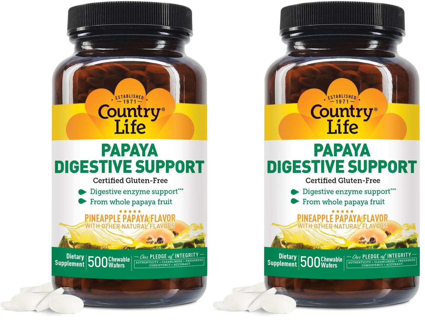 Country Life Chewable Papaya Enzymes for Digestion – Pineapple & Papaya Flavor | 200 & 500 Wafers