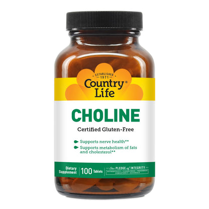 Country Life Choline 266mg - Gluten Free, Vegan, Halal - 100 Tablets