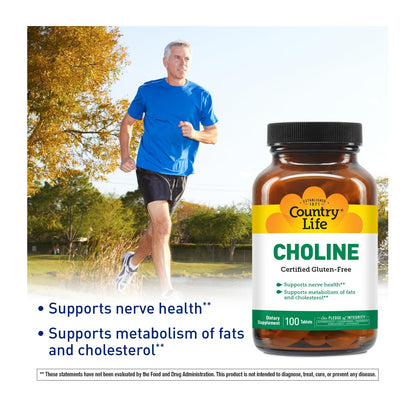 Country Life Choline 266mg - Gluten Free, Vegan, Halal - 100 Tablets