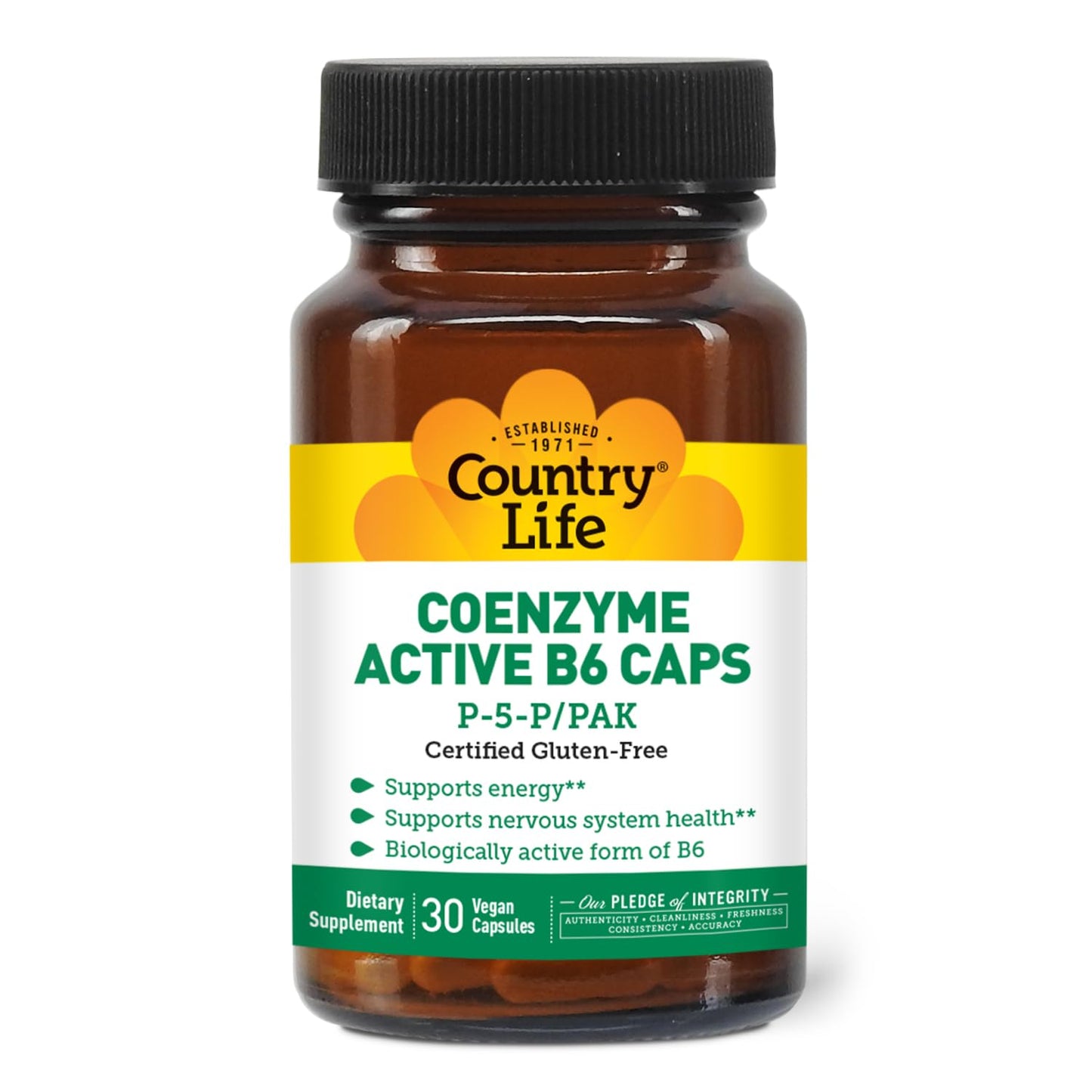 Country Life Coenzyme Active B-6, 50mg Vitamin B6-30 Vegetarian Capsules - Supports Energy, Nervous & Immune Systems - 25mg P-5-P Vitamin B6 - Certified Gluten Free, Vegan - No Artificial Additives