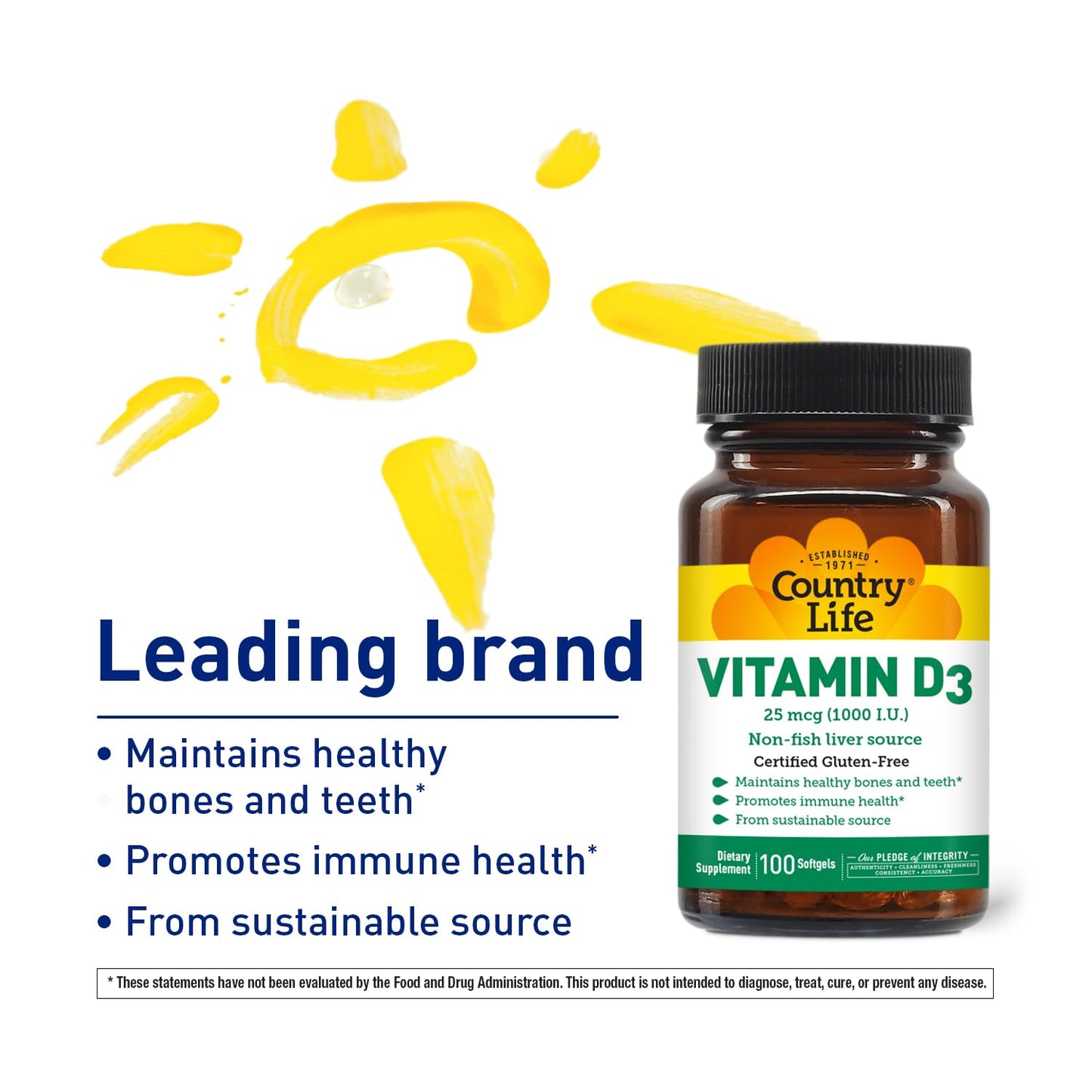 Country Life Vitamin D3 1000 IU Non-Fish Softgels – Gluten Free (Pack of 2)