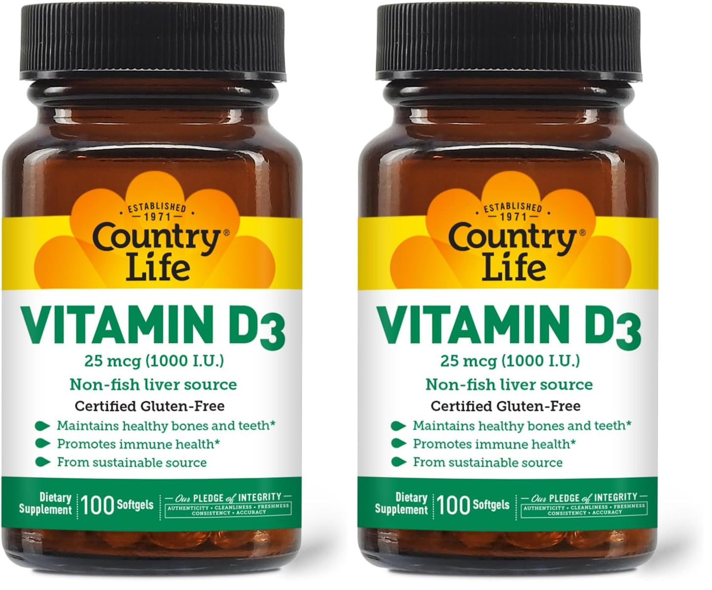 Country Life Vitamin D3 1000 IU Non-Fish Softgels – Gluten Free (Pack of 2)