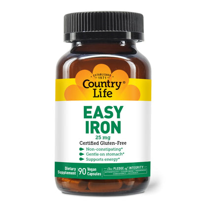 Country Life Easy Iron 25mg Capsules - Gentle Ferrochel, Vegan Iron for Energy