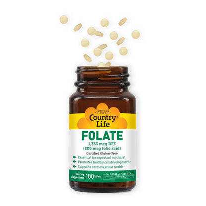 Country Life Folate 800 mcg Folic Acid – Prenatal Support, 100 Tabs, Gluten-Free