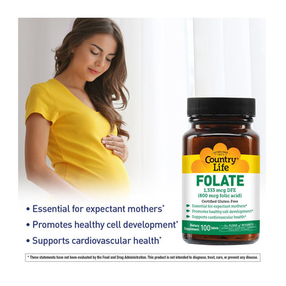 Country Life Folate 800 mcg Folic Acid – Prenatal Support, 100 Tabs, Gluten-Free