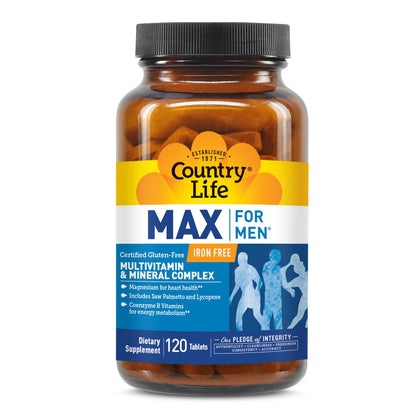 Country Life Max for Men Multivitamin – Iron-Free, Gluten-Free, Saw Palmetto & Lycopene | 120 Vegetarian Tablets
