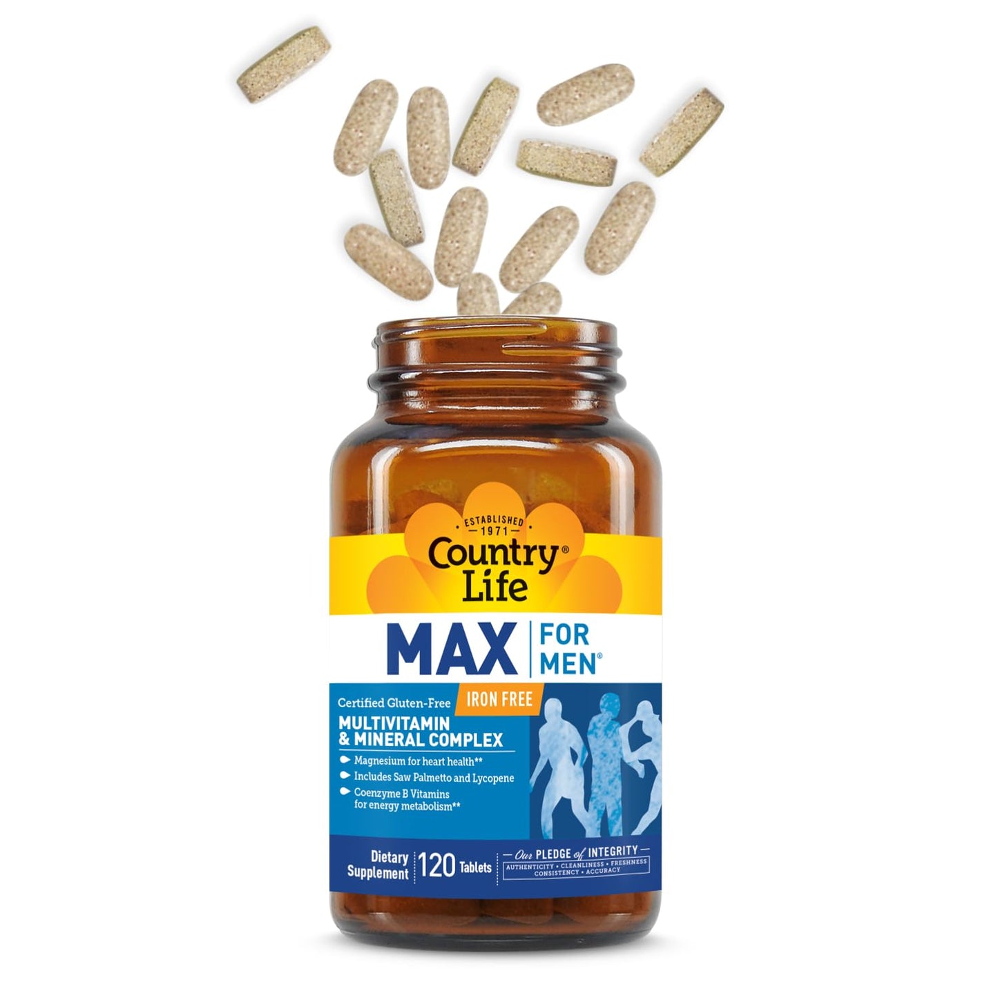 Country Life Max for Men Multivitamin – Iron-Free, Gluten-Free, Saw Palmetto & Lycopene | 120 Vegetarian Tablets