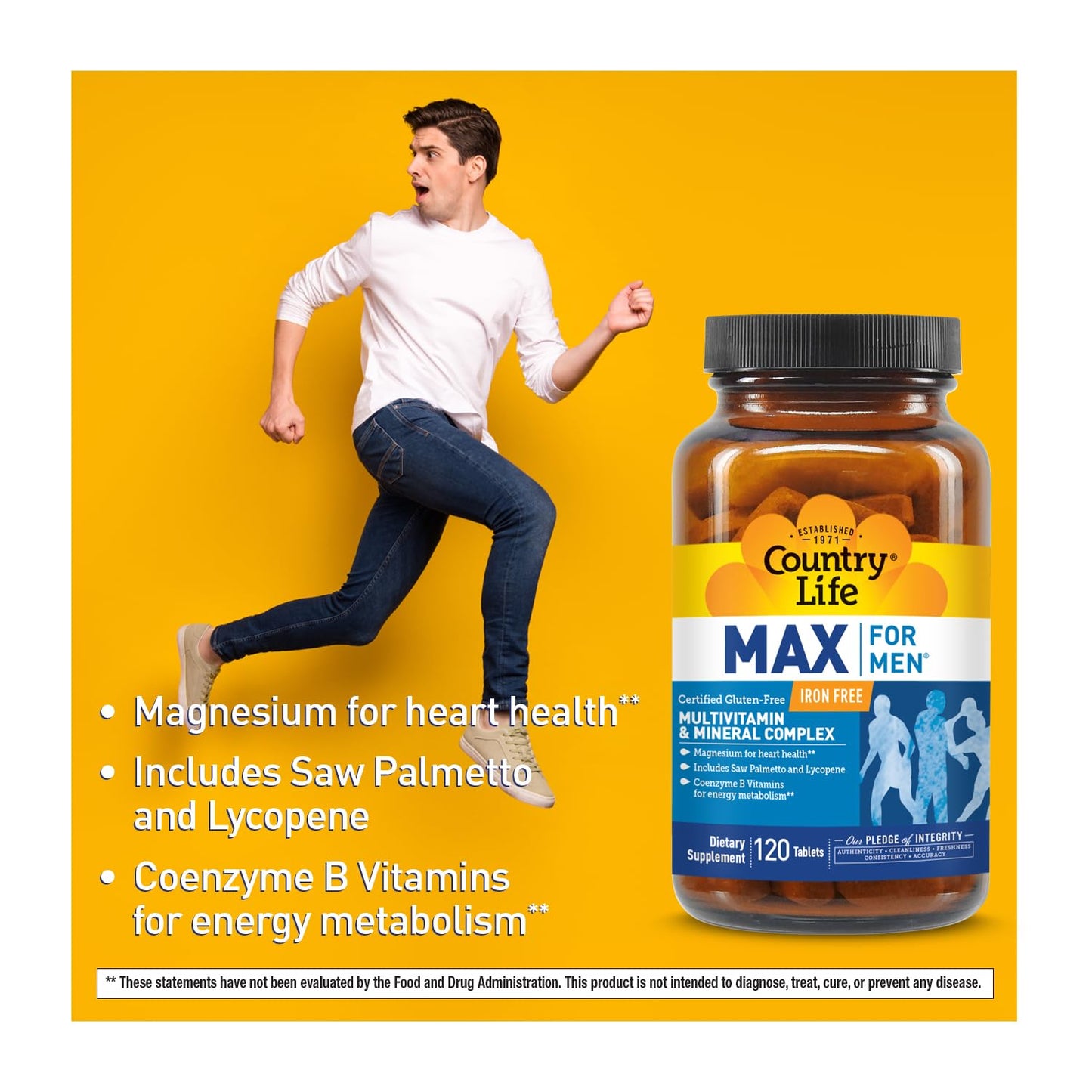 Country Life Max for Men Multivitamin – Iron-Free, Gluten-Free, Saw Palmetto & Lycopene | 120 Vegetarian Tablets