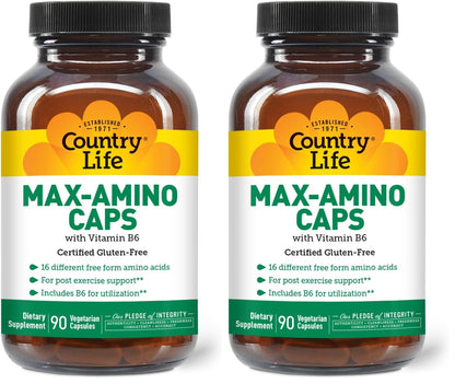 Country Life Maxi-Amino: 16 Free-Form Amino Acids, 90 Veg Capsules per Bottle, Pack of 2 | Gluten Free & Vegetarian