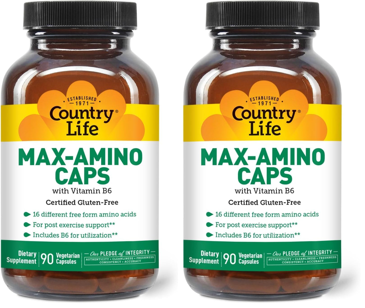 Country Life Maxi-Amino: 16 Free-Form Amino Acids, 90 Veg Capsules per Bottle, Pack of 2 | Gluten Free & Vegetarian