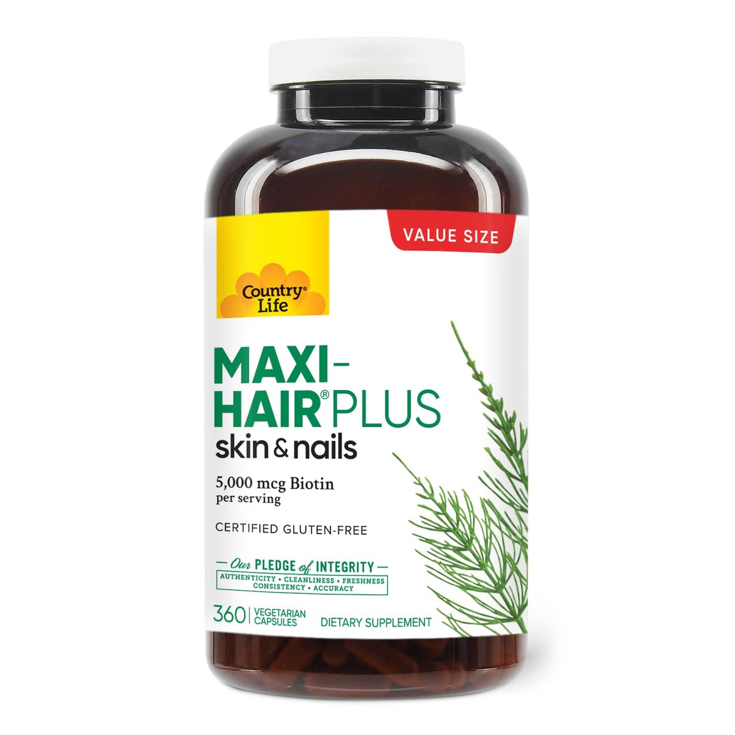 Country Life Maxi-Hair Plus 5000 mcg Biotin – Gluten Free & Vegetarian, 360 Capsules