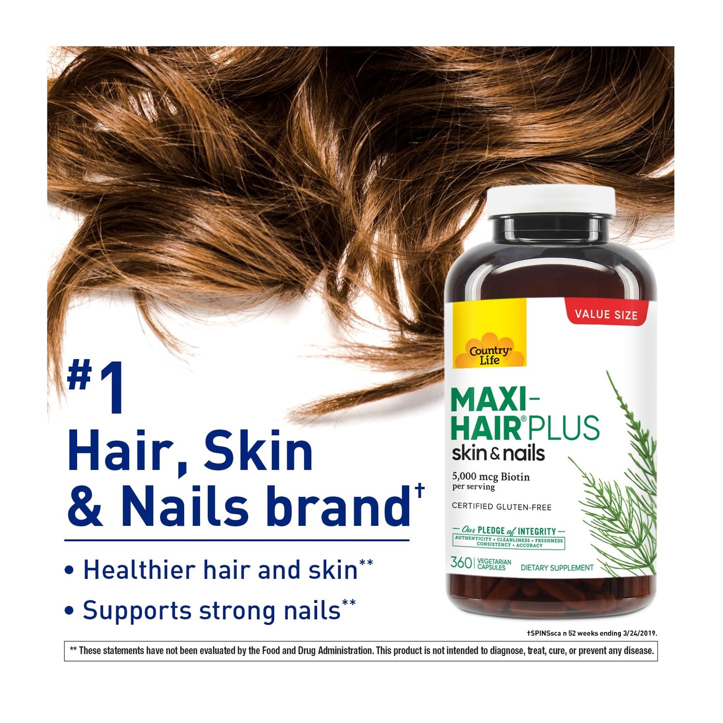 Country Life Maxi-Hair Plus 5000 mcg Biotin – Gluten Free & Vegetarian, 360 Capsules