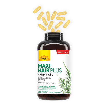 Country Life Maxi-Hair Plus 5000 mcg Biotin – Gluten Free & Vegetarian, 360 Capsules