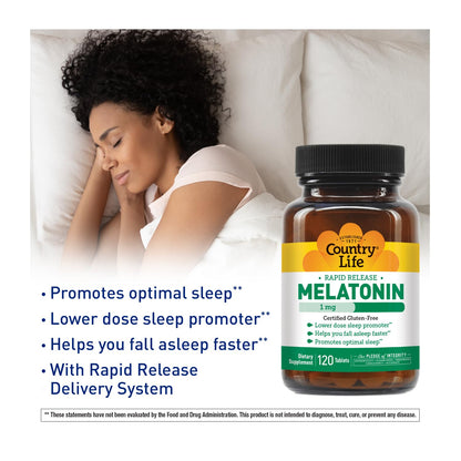 Country Life Melatonin Sleep Aid 1mg - Non-GMO, Gluten-Free, Vegan | Rapid-Release