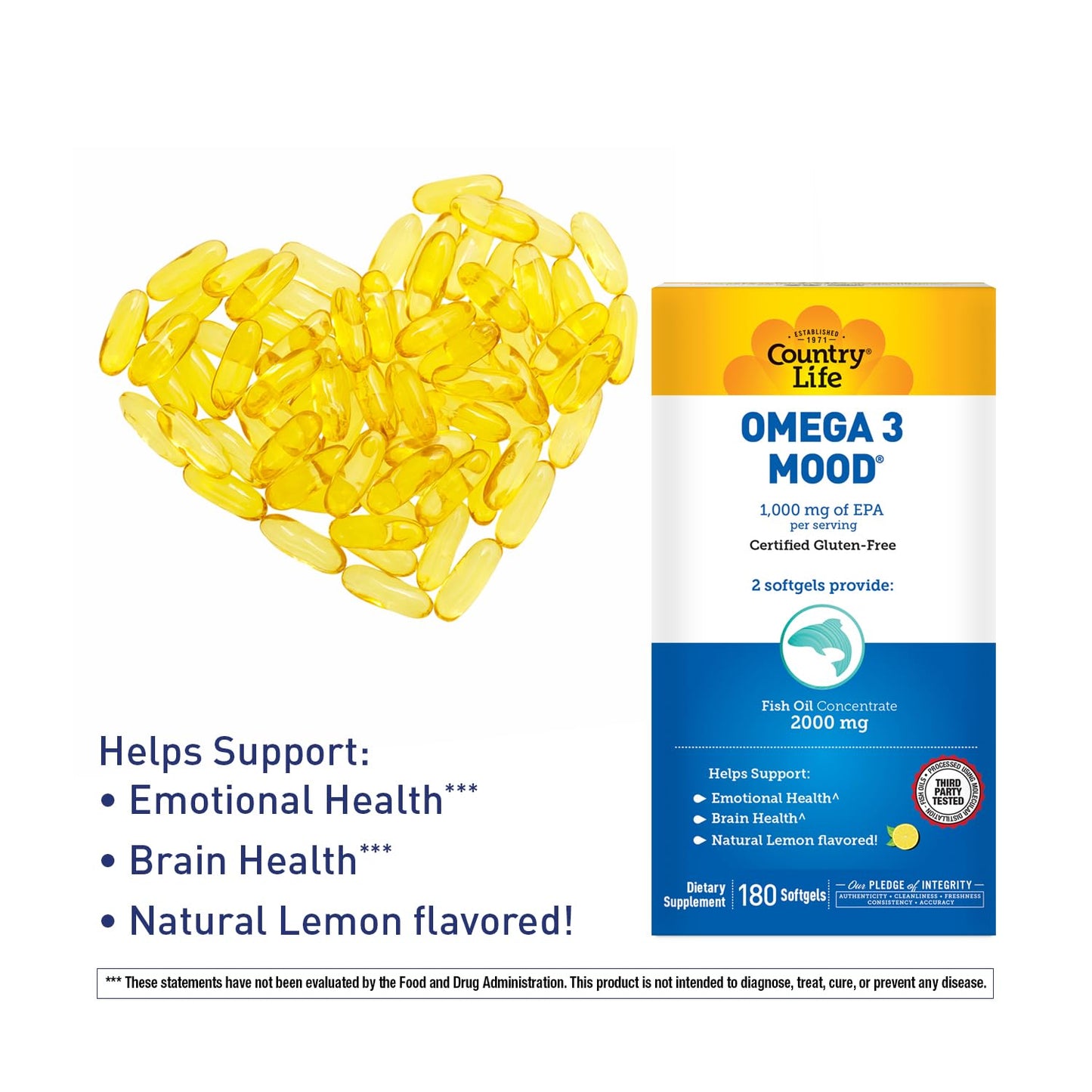 Country Life Omega-3 Fish Oil Supplement | High Concentration EPA & DHA, 2000mg, Lemon Flavor