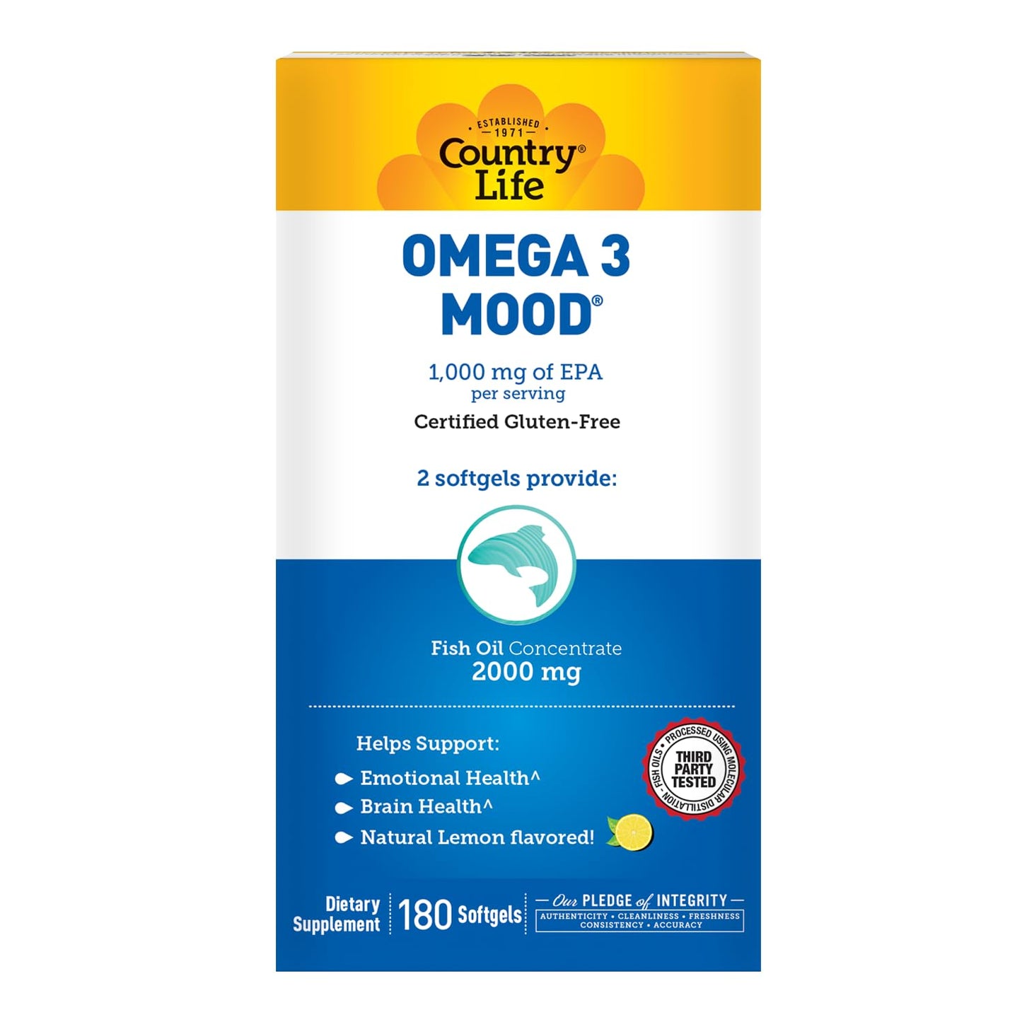 Country Life Omega-3 Fish Oil Supplement | High Concentration EPA & DHA, 2000mg, Lemon Flavor