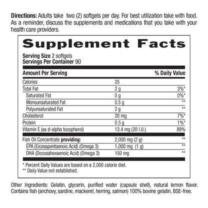 Country Life Omega-3 Fish Oil Supplement | High Concentration EPA & DHA, 2000mg, Lemon Flavor