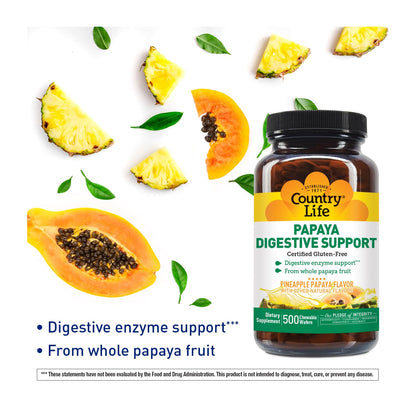 Country Life Chewable Papaya Enzymes for Digestion – Pineapple & Papaya Flavor | 200 & 500 Wafers