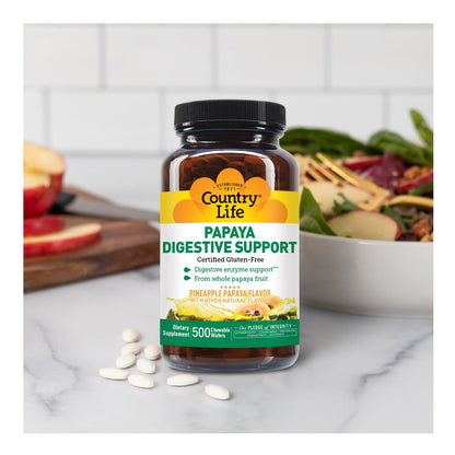 Country Life Chewable Papaya Enzymes for Digestion – Pineapple & Papaya Flavor | 200 & 500 Wafers