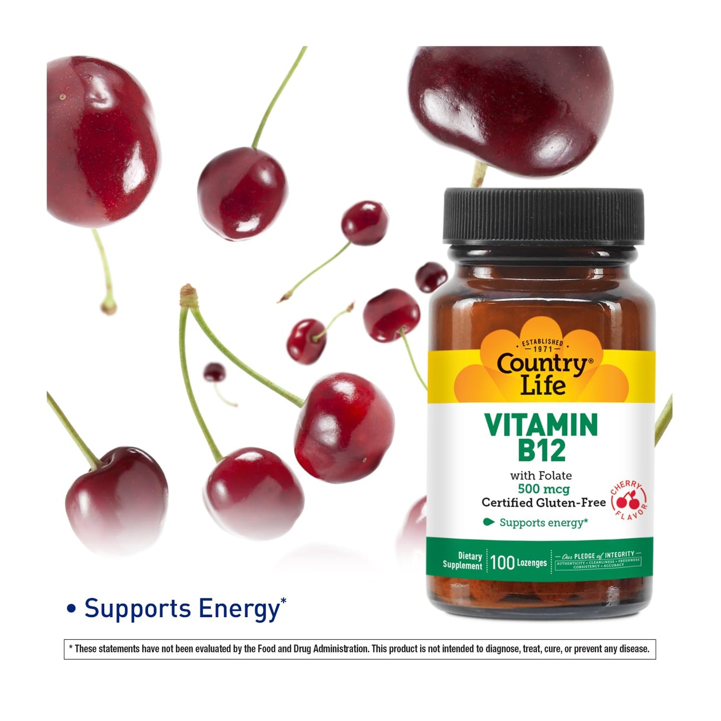 Country Life Vitamin B12 with Folate 500mcg – Energy & Red Blood Cell Support | 100 Lozenges | Gluten Free, Vegan, Halal, Non-GMO