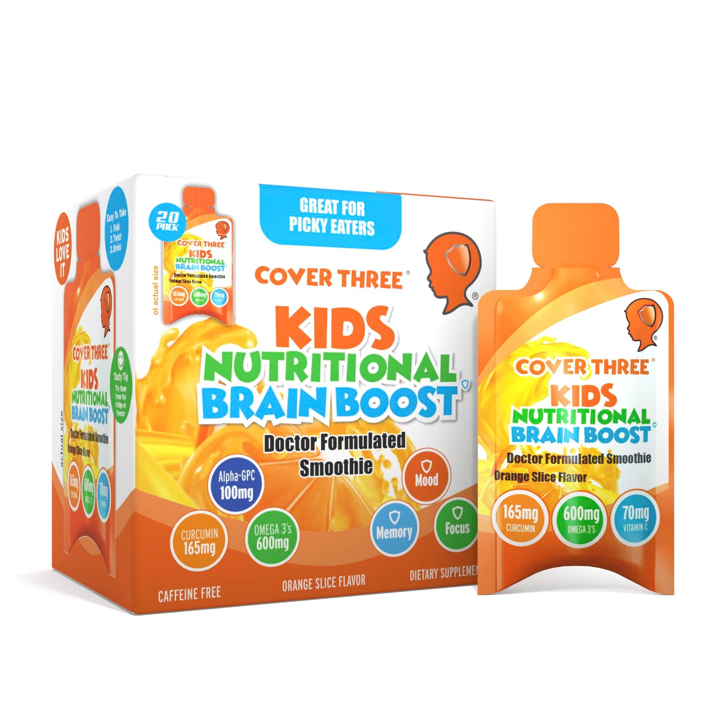 Cover Three Kids Brain & Focus Supplements | Omega-3 DHA for Children (20 Pouches)