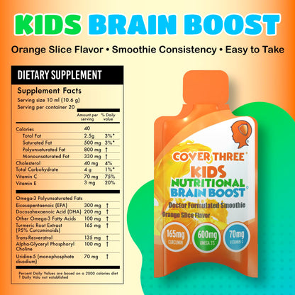 Cover Three Kids Brain & Focus Supplements | Omega-3 DHA for Children (20 Pouches)