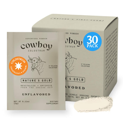Cowboy Colostrum Powder Travel Packs – First Day Milking, Grass-Fed, Unflavored, 30 Servings