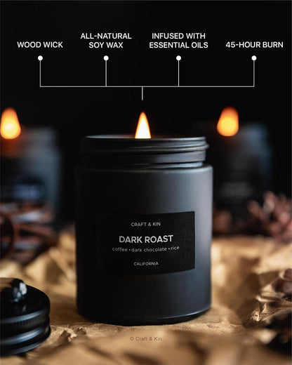 Craft & Kin Premium Dark Roast Coffee Candle – 7.6oz Soy, 45-Hour Burn