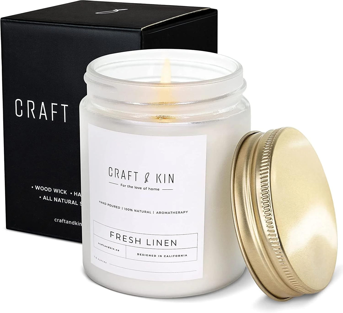 Craft & Kin Fresh Linen Soy Candle – 8 oz, Wood Wick, 45-Hour Burn