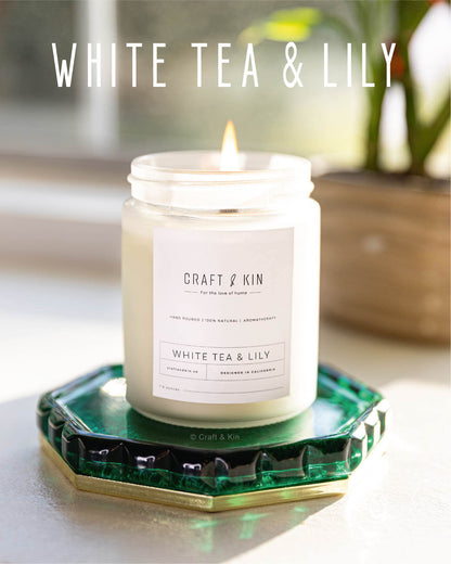 Craft & Kin White Tea & Lily Candle - 8oz, 45-Hour WoodWick Soy | Christmas Scented