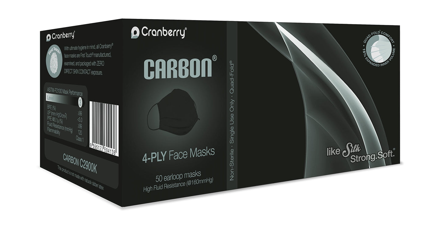 Cranberry USA C2900K Cranberry Carbon Earloop Face Masks, Black – Pack of 50 | ASTM Level 3