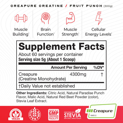 Muscle Feast Creapure Creatine Monohydrate Powder – Natural Fruit Punch, 60 Servings