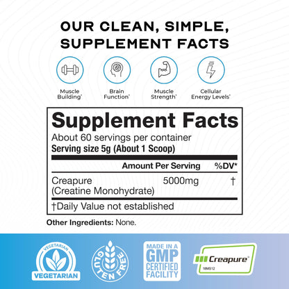 Muscle Feast Creapure Creatine Monohydrate Powder – Unflavored, 300g | Vegan, Gluten-Free, Keto Friendly, 60 Servings