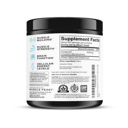 Muscle Feast Creapure Creatine Monohydrate Powder – Unflavored, 300g | Vegan, Gluten-Free, Keto Friendly, 60 Servings