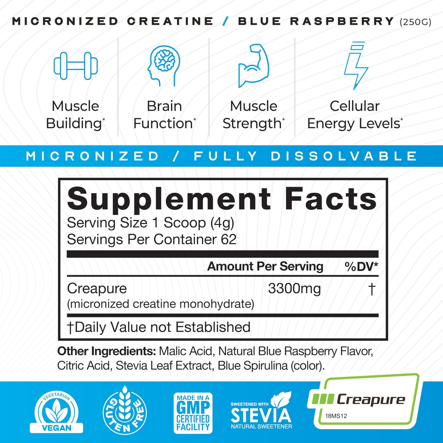 Muscle Feast Creapure Creatine Monohydrate Powder – Blue Raspberry, 250g