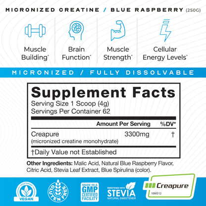 Muscle Feast Creapure Creatine Monohydrate Powder – Blue Raspberry, 250g
