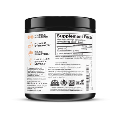 Muscle Feast Creapure Creatine Monohydrate Powder – Natural Orange, 300g | Vegan, Gluten-Free, Easy to Mix